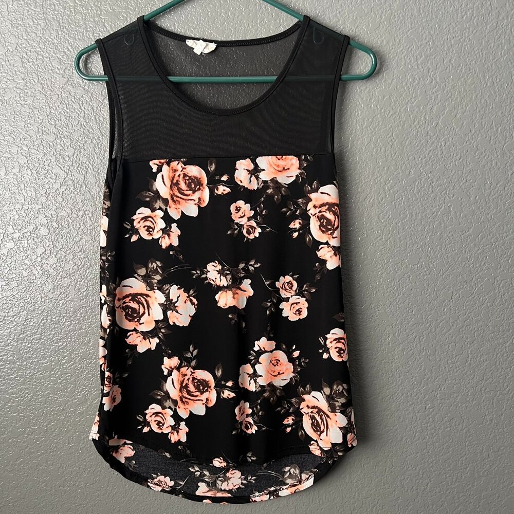 Chic Black Floral Top with Mesh Detail